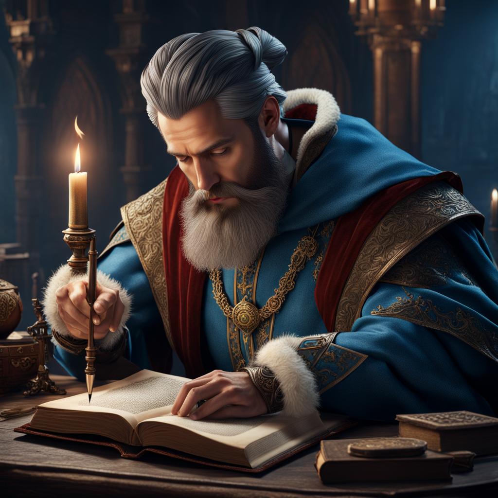 An image of a record keeper from ancient times reviewing akashic records