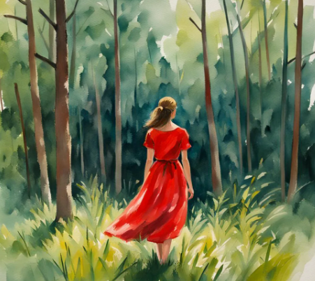 A woman practicing green witchcraft walks in nature.
