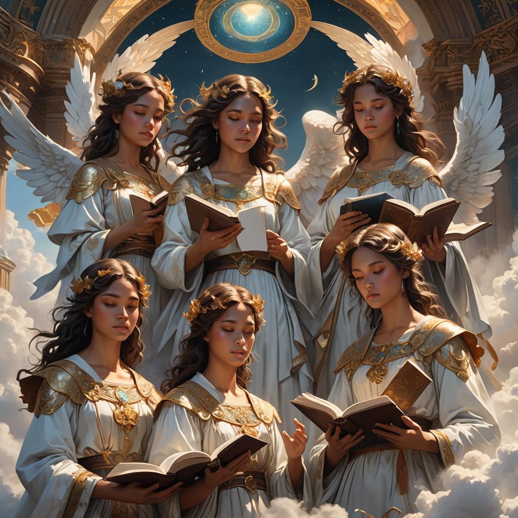 Angels are reading the ancient texts to gain an understanding of God's viewpoint.