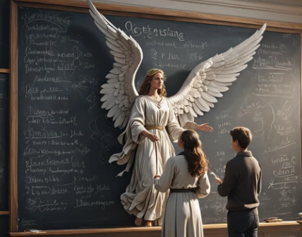 A image representing angelology, the study of angels.  The instructor in a classroom is an angel.