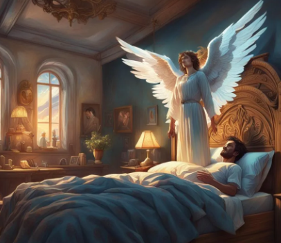 A guardian angel watches over a man while he is sleeping.