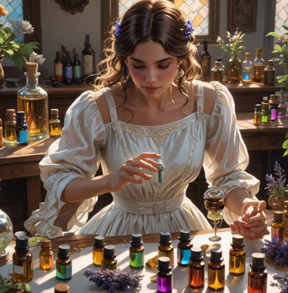 A woman practicing white witchcraft while working with essential oils.