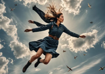 a woman flies in the air