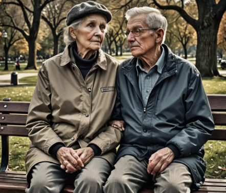 Retired couple sitting on park bench.